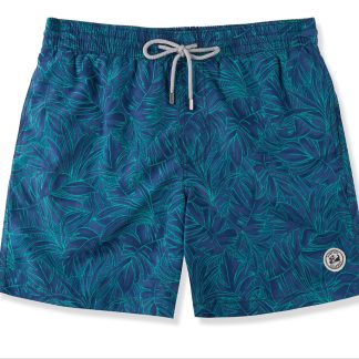 Navy swim trunks with a turquoise palm leaf pattern