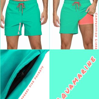 Aquamarine swim trunks with an elastic waist and contrasting compression liner
