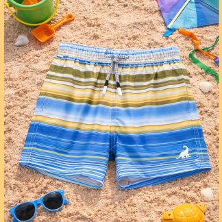 Blue and yellow striped kids swim trunks laid out with beach toys