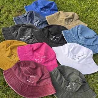 Colourful bucket hats embroidered with Trinidad and Tobago island outlines